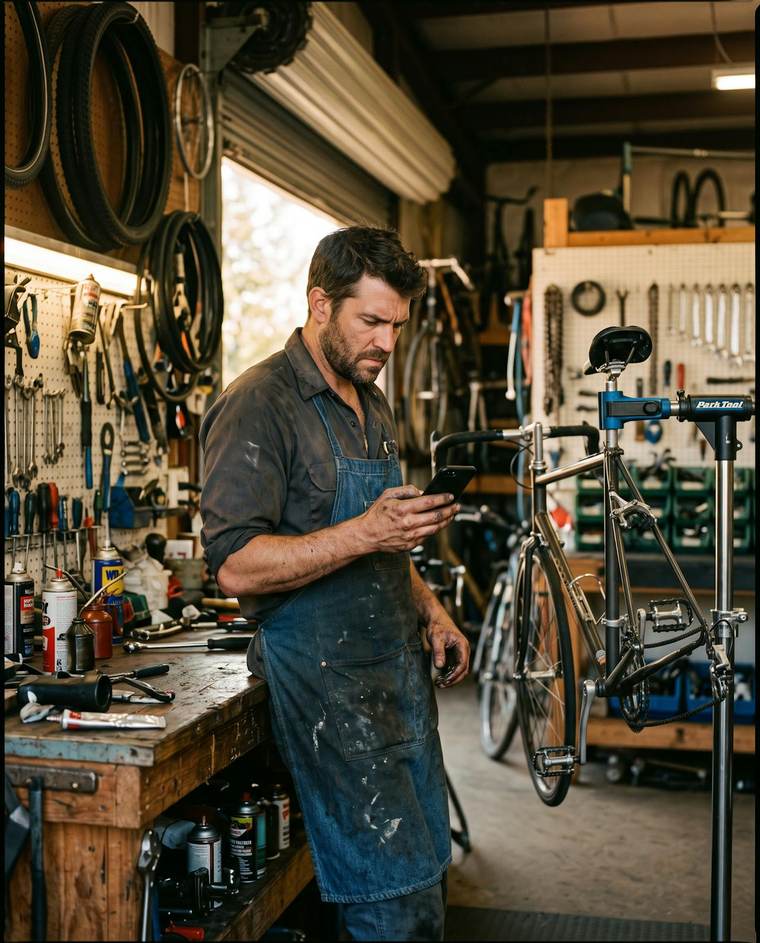 A bicycle workshop owner at his bench, checking something on his phone.