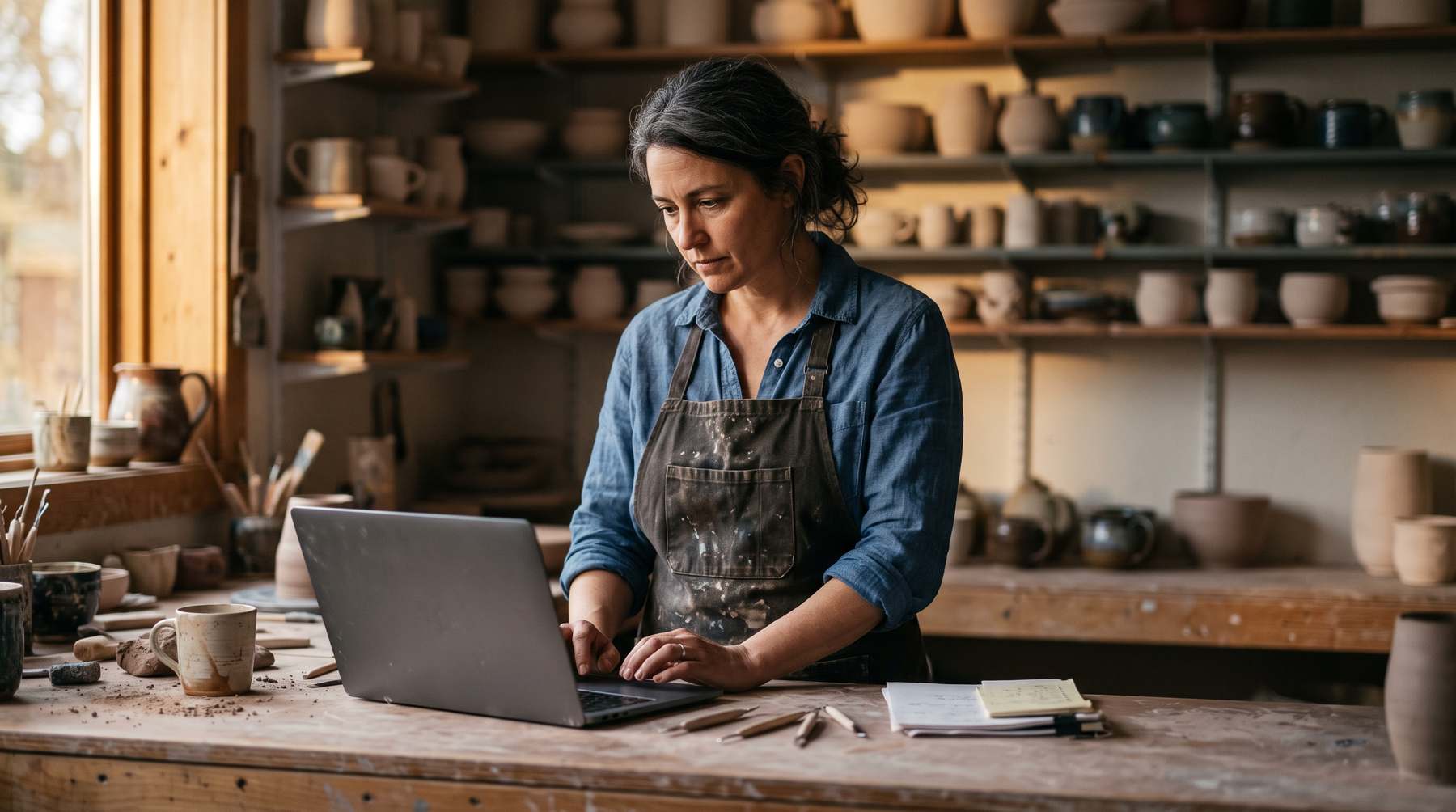 A ceramics studio owner at her workbench, looking at a laptop.
